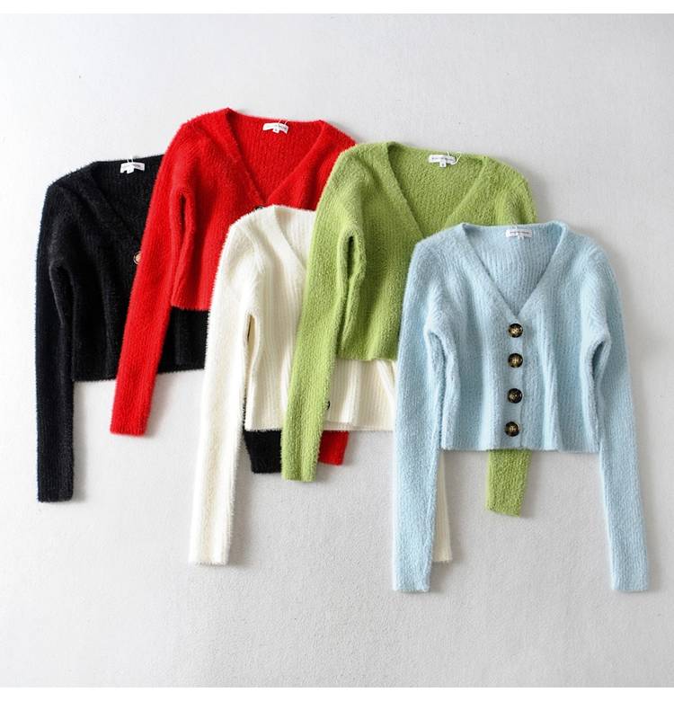 đầu mùa thu Pháp retro cô gái eo cao ngắn cổ chữ V đơn hàng khóa áo len dài tay áo len cardigan cardigan