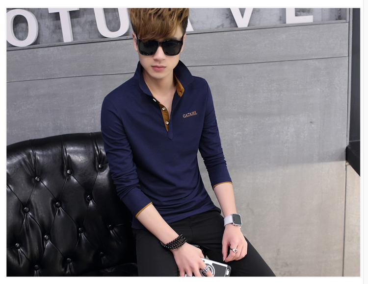 Áo thun nam tay dài mùa thu Áo thun cotton nam có ve áo thanh niên nam giản dị áo thun dài tay cổ áo áo cộc tay nam