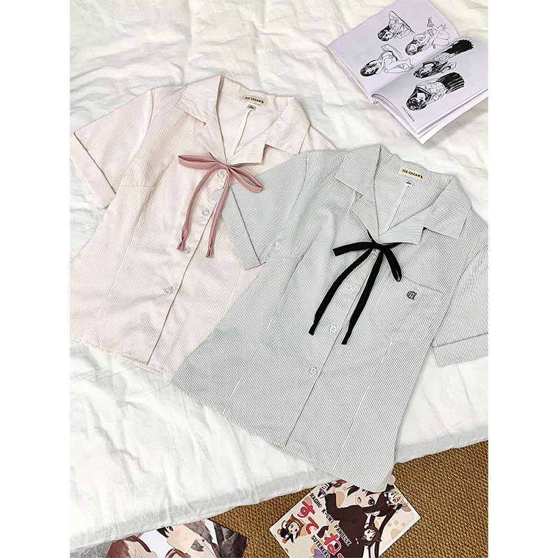Ice Cream and Whales [Little Stripes] Original Jk Uniform Waist-Tightening Open-Front Embroidered Shirt Striped Short-Sleeve Top