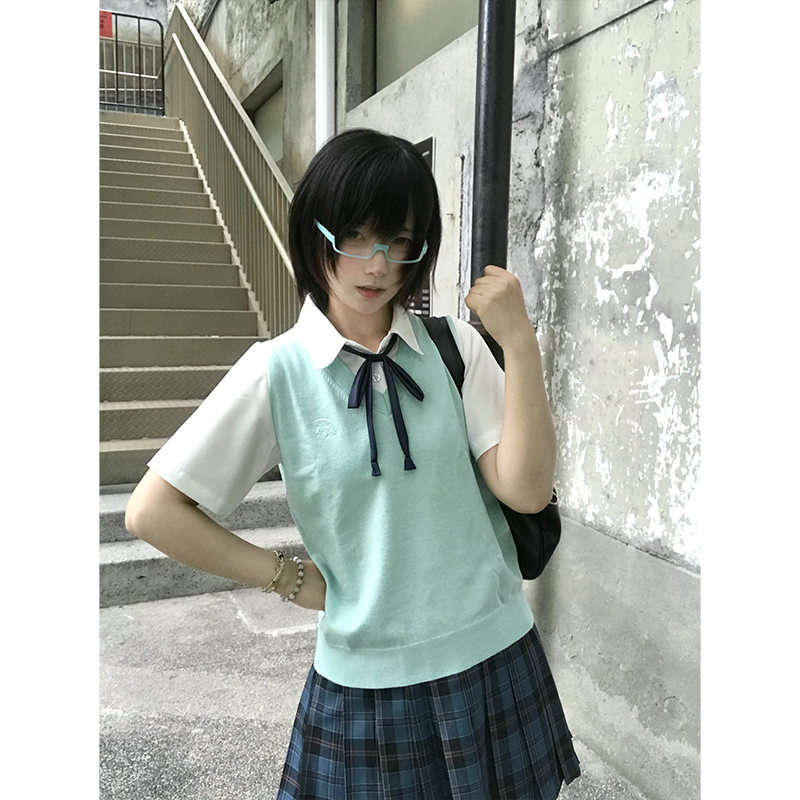 Ice Cream and Whale Academy Style Jk Uniform Japanese Fake Two-Piece Embroidered Shirt Sweater Short-Sleeved Knit Top for Summer Ice Cream and Whale Academy Style Jk Uniform Japanese Fake Two-Piece Embroidered Shirt Sweater Short-Sleeved Knit Top for Summer