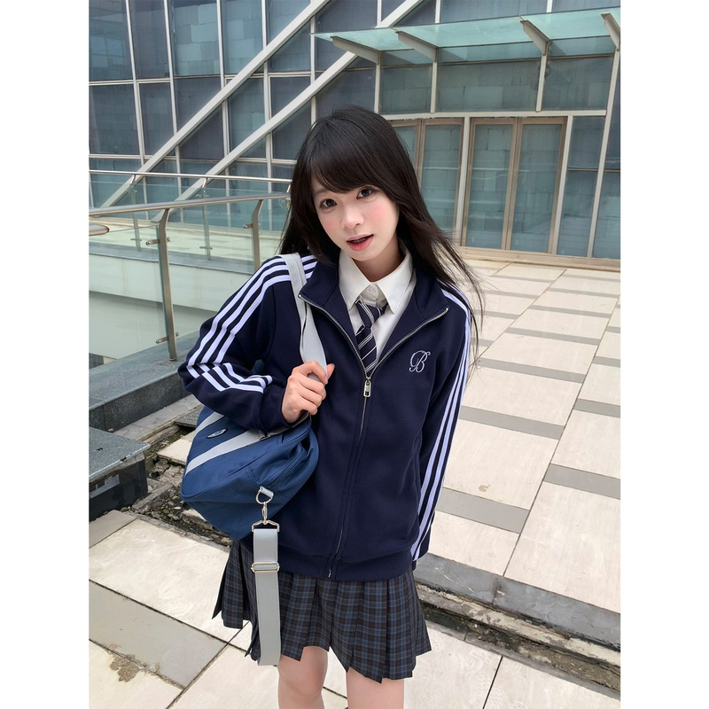 Ice Cream and Whale Original Jk Uniform Academy Style Gymnastics Suit Cyan Casual Jacket with Three-Stripe Patchwork Cardigan for Autumn