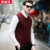 Áo len nam Hengyuanxiang thuần len vest vest vest mùa thu và mùa đông V-cổ rắn màu không tay áo len đan áo cardigan nam Dệt kim Vest