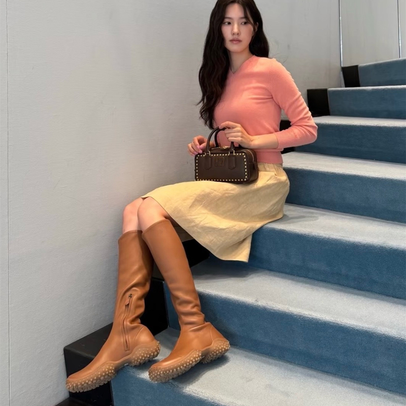 Flat-Soled Side-Zip Genuine Leather Fashion Boots, Long Elastic Boots, Knee-High Women's Boots, Low-Heeled Round-Toe Slim Boots, 2026 New Model Flat-Soled Side-Zip Genuine Leather Fashion Boots, Long Elastic Boots, Knee-High Women's Boots, Low-Heeled Round-Toe Slim Boots, 2026 New Model