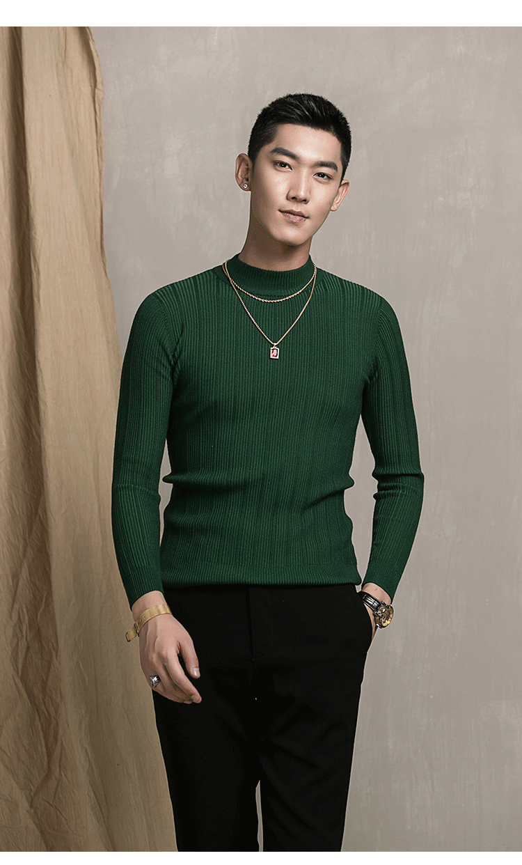 Horizon nam mùa thu và mùa đông nửa cao cổ áo hoa văn rắn màu áo len thanh lịch mỏng nhẹ áo len đáy gió áo khoác nam hàng hiệu