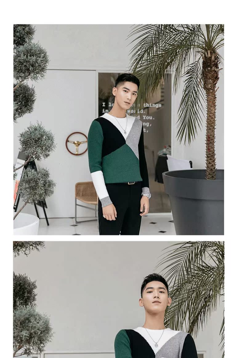 Chân trời mùa đông khâu tương phản mỏng cổ áo len thủy triều chi thanh niên trùm đầu đan áo len đáy - Kéo qua đồ nam đẹp