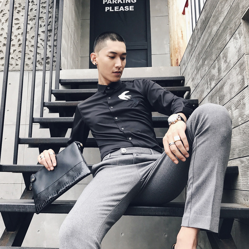 地平线 轻熟男 时尚商务绣珠片燕子修身长袖衬衫 潮质感衬衣 青年