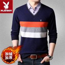 Playboy plus velvet thickened mens fake two sweater striped lapel collar winter casual warm base sweater