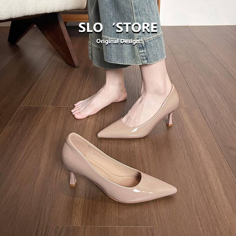 Sheepskin High-Heeled Shoes for Women, Stiletto Heels, Single Shoes to Match Skirts, Elegant Pointed-Toe French Patent Leather Nude Work Shoes for Women, Black Sheepskin High-Heeled Shoes for Women, Stiletto Heels, Single Shoes to Match Skirts, Elegant Pointed-Toe French Patent Leather Nude Work Shoes for Women, Black