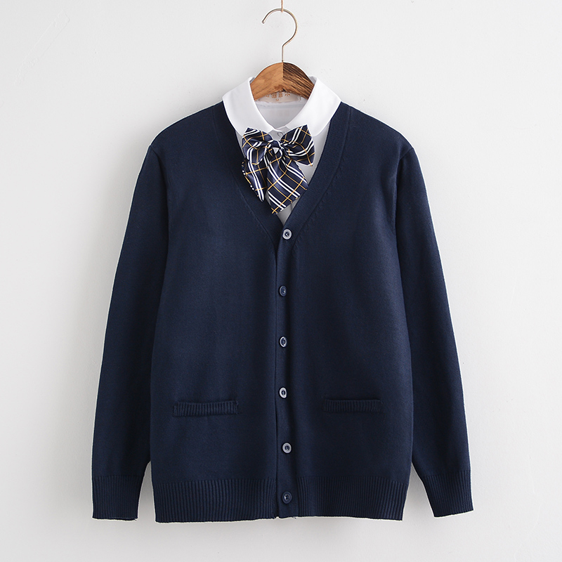 Japanese-Style Navy Blue Jk Uniform Cardigan, School Style Sweater Set, Long-Sleeved V-Neck Knitwear, Sailor Suit Jacket
