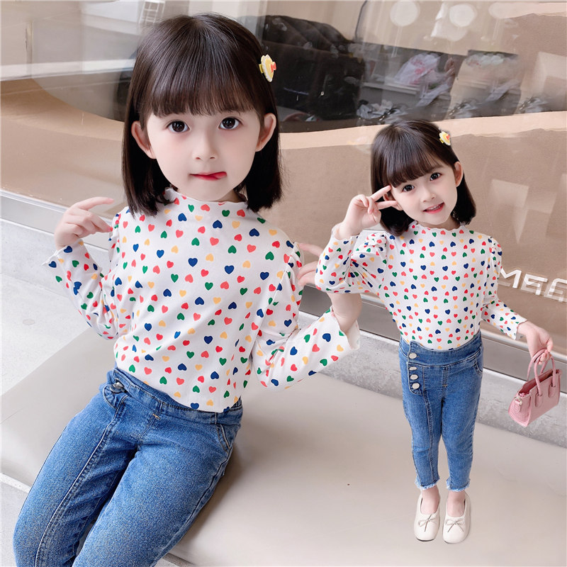 Girls' white T-shirt children's long-sleeved love net red top autumn clothing 2021 spring and autumn new girl baby bottoming shirt