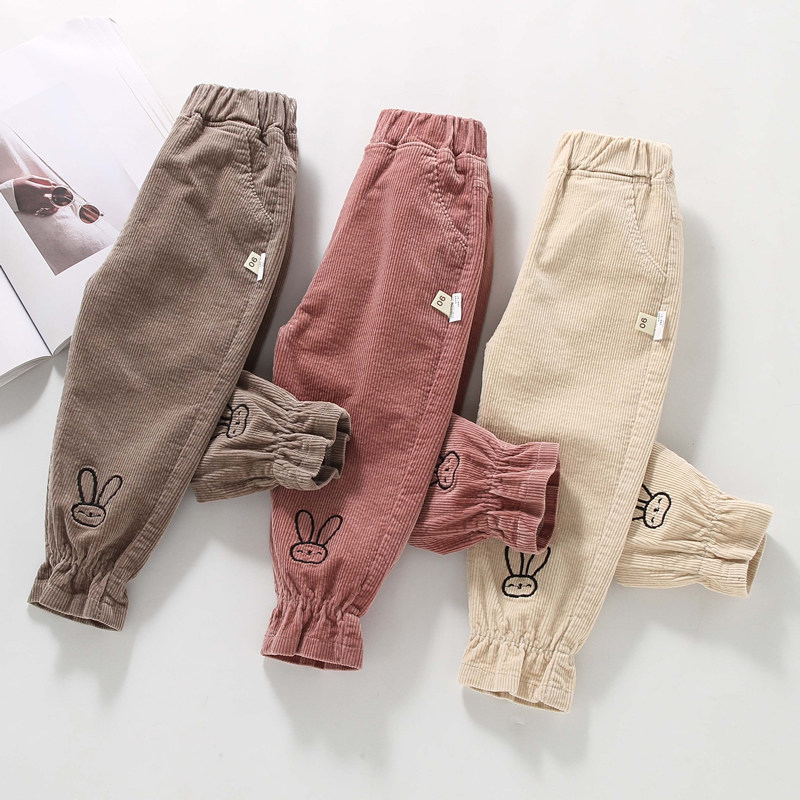 Girls' corduroy autumn and winter pants children's winter clothes 2022 new western style children's baby plus velvet trousers for outer wear