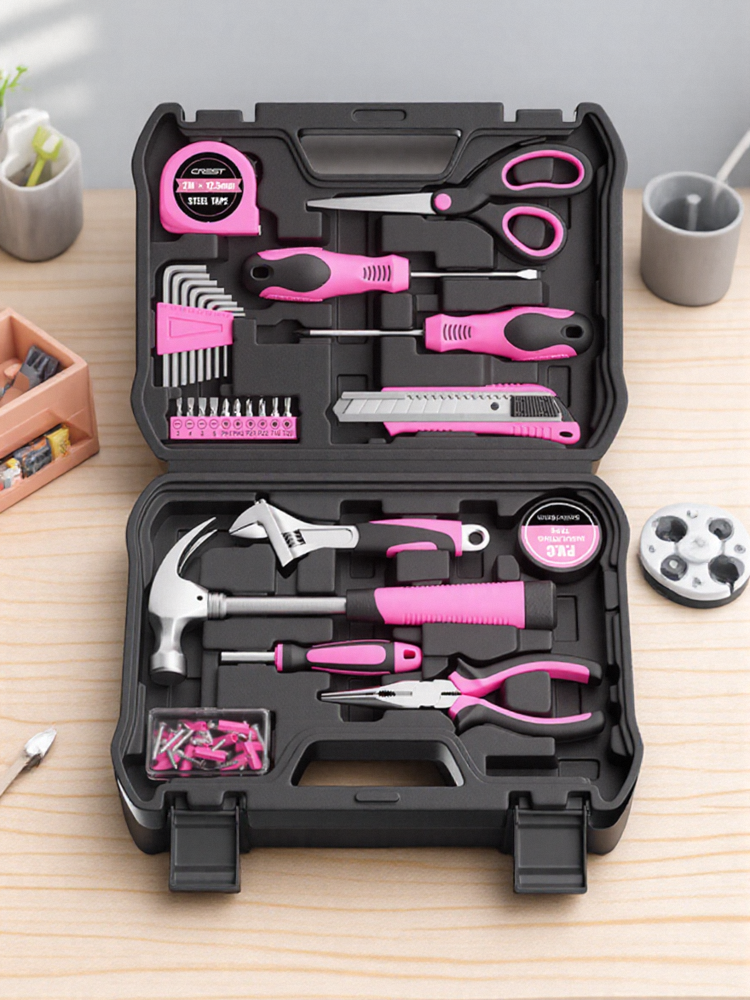 Ruide Household Tool Box Hardware Wrench Screwdriver Pliers Daily Household Multi-Functional Repair Pink Set