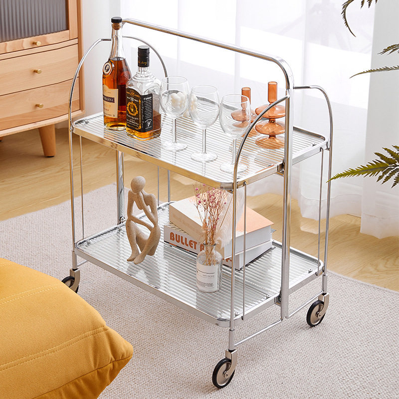 Medieval stainless steel trolley mobile storage shelf small apartment side several foldable Changhong ultra-white glass ins wind