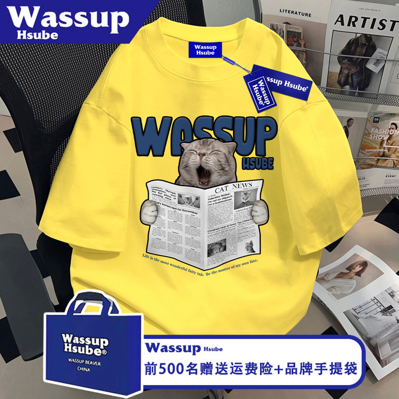 Wassup Fun and Quirky Kitten Print Unisex Top Ins Yellow Pure Cotton Short-Sleeved Summer Simple Style T-Shirt