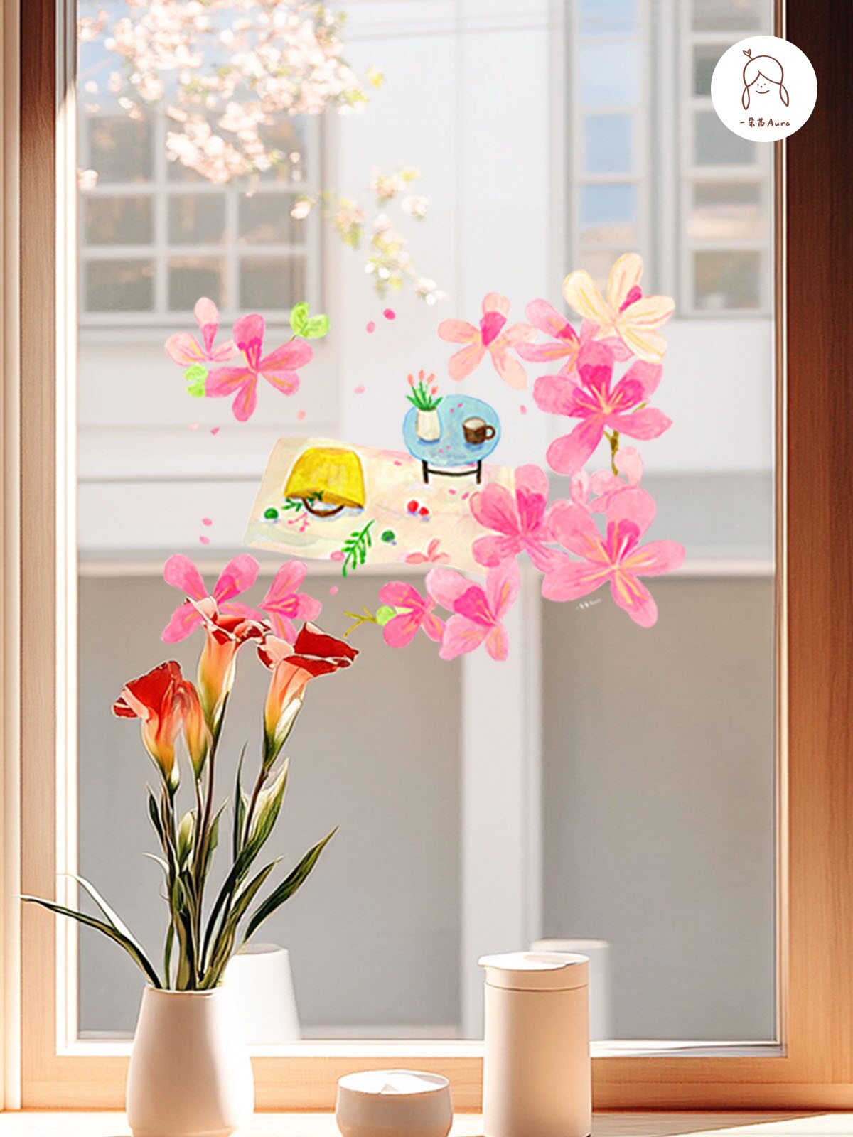 春の桜イラスト ガラス静電貼 PVC窓用ステッカー 窓飾り Aura Studio
