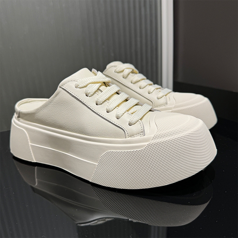 Lazy People's Small-Sized Slip-On 2025 New Platform Thick-Soled Slippers, Genuine Leather Biscuit Shoes, Closed-Toe Casual White Shoes