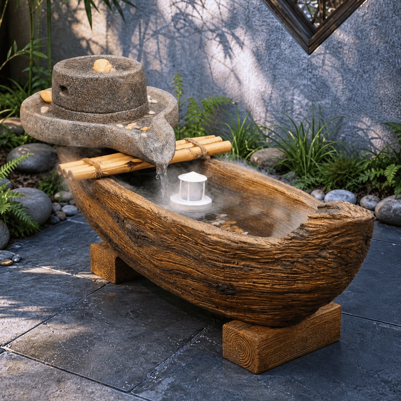 Smooth Sailing Boat-Shaped Stone Water Feature, New Chinese-Style Courtyard Outdoor Circulating Water Atomization Landscaping Decoration