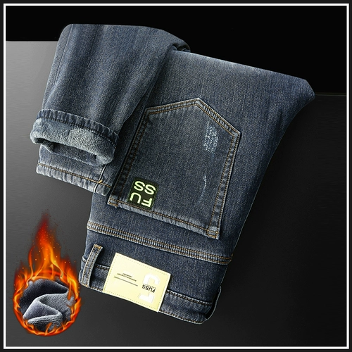 Мужские зимние джинсы с начесом для отдыха, демисезонные удерживающие тепло штаны, свободный прямой крой