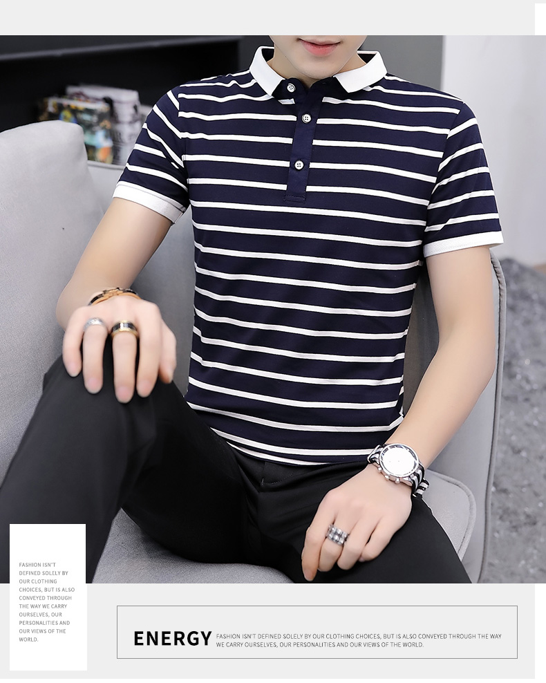 Mùa hè ngắn tay áo thun nam ve áo polo thương hiệu thủy triều phiên bản Hàn Quốc đơn giản tự canh tác nửa hoang dã sọc xu hướng quần áo nam - Polo áo cotton nam