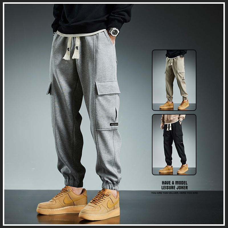 Knitted Workwear Sweatpants for Men, Trendy Brand, Loose Fit, Cuffed Long Pants, Men's Spring and Autumn Trendy Gray Sports Casual Pants