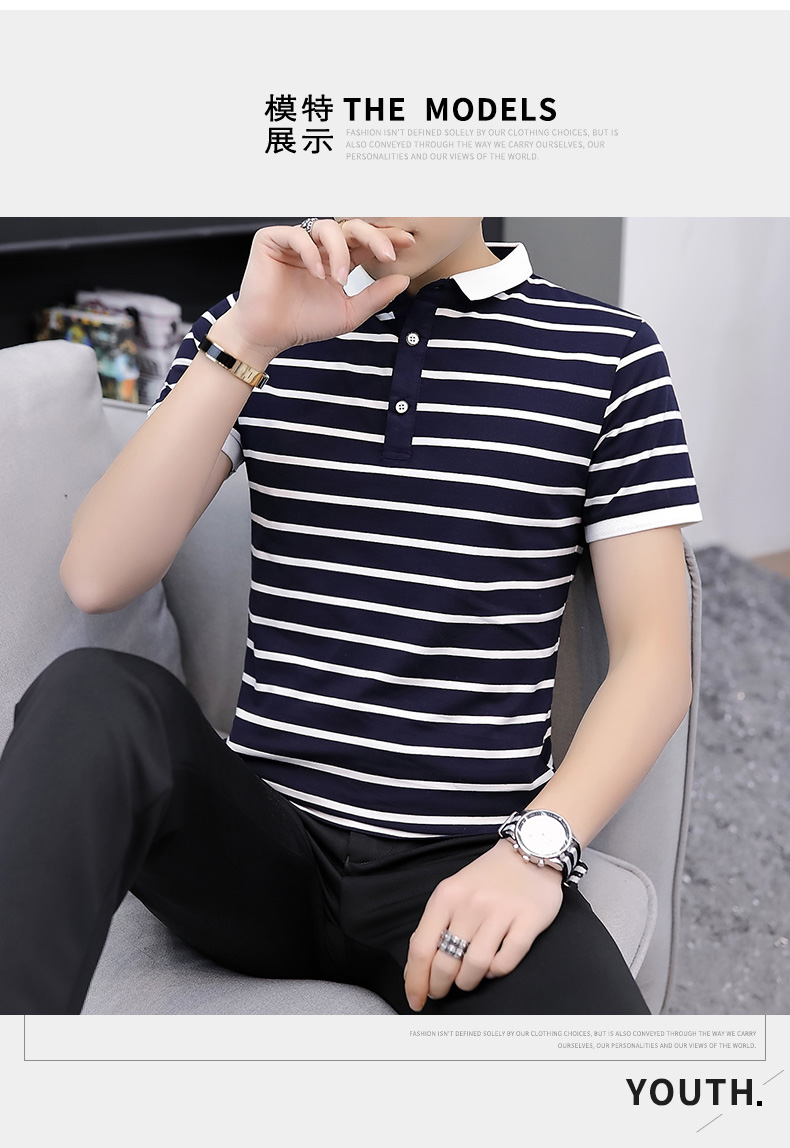 Mùa hè ngắn tay áo thun nam ve áo polo thương hiệu thủy triều phiên bản Hàn Quốc đơn giản tự canh tác nửa hoang dã sọc xu hướng quần áo nam - Polo áo cotton nam