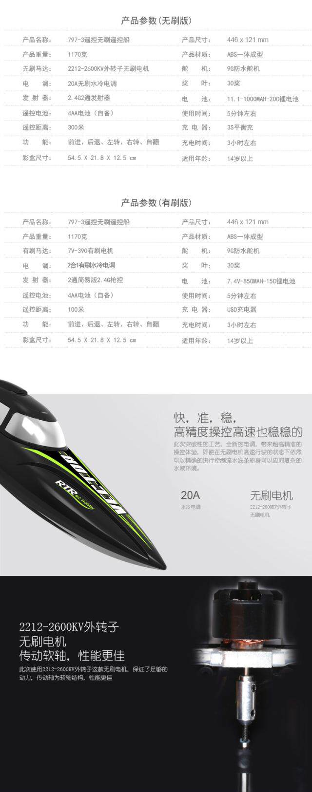 Лодка на электро-, радиоуправлении 沧狼航模 欧兰斯遥控船797-4高速水冷无刷电机遥控快艇防翻带后退 OTHER