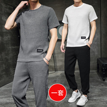 Short-sleeved t-shirt summer linen suit mens ice silk sports cotton and linen two-piece loose trend set of clothes summer clothes