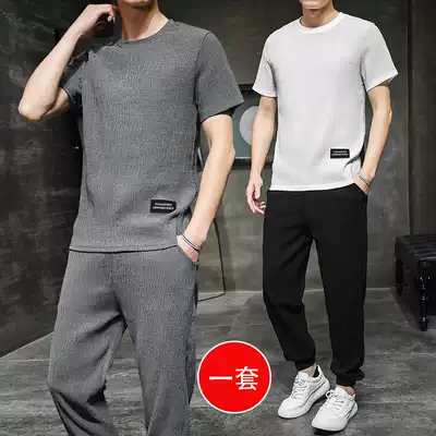 Short sleeve T-shirt summer linen suit Men's Ice Silk sports cotton linen two-piece loose trend set of clothes summer clothes