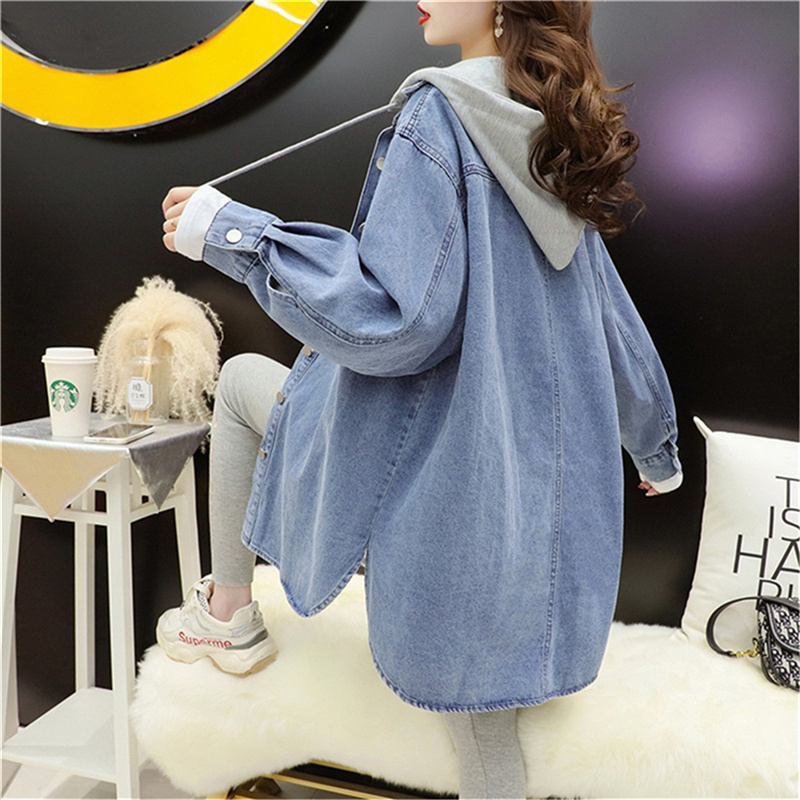 Pure Cotton Denim Jacket Plus Size Women's Hooded Mid-Length Trench Coat That Covers the Hips, Fake Two-Piece, Slimming Top Pure Cotton Denim Jacket Plus Size Women's Hooded Mid-Length Trench Coat That Covers the Hips, Fake Two-Piece, Slimming Top
