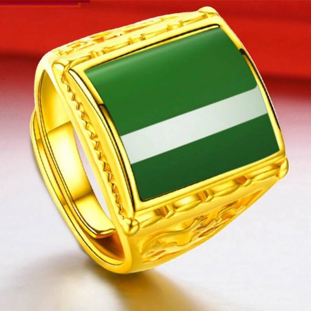Hong Kong tax exemption 999 genuine gold ring male style bully green jewel inlaid 24k gold Merchants' ring adjustable