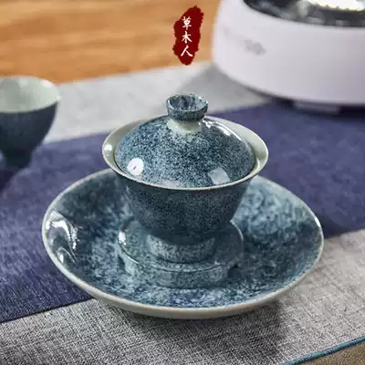 Grass and wood hand-painted blue and white porcelain high-footed cover bowl Jingdezhen Ceramic Sansai bowl Tea bowl Large Kung Fu tea cup Tea set