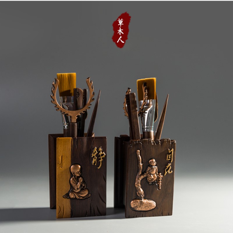 Grass and wood tea Ceremony Six Junzi Ebony solid wood tea clip Tea spoon Tea needle Cup fork Log copper tea bucket Tea ceremony accessories