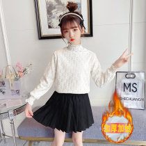Girl Jersey Undershirt Plus Suede Autumn Winter 2022 New Children High Collar Long Sleeve Warm T-shirt Thickened Lace Blouse Tide