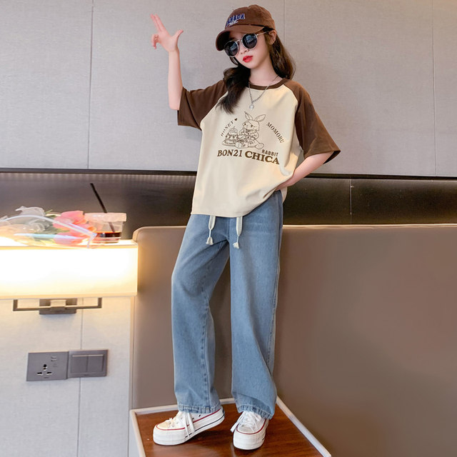 Girls' short-sleeved t-shirt wide-leg jeans suit 2023 new middle and big children's foreign style loose summer cotton half-sleeve