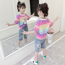 Girl Short Sleeve T-shirt Pure Cotton 2022 Summer New Child Foreign Air Loose Half Sleeve Girl Cartoon Striped