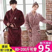 Áo choàng tắm cho nam mùa thu và mùa đông áo choàng flannel Phụ nữ mùa đông dày và lông cừu dài ba lớp - Night Robe