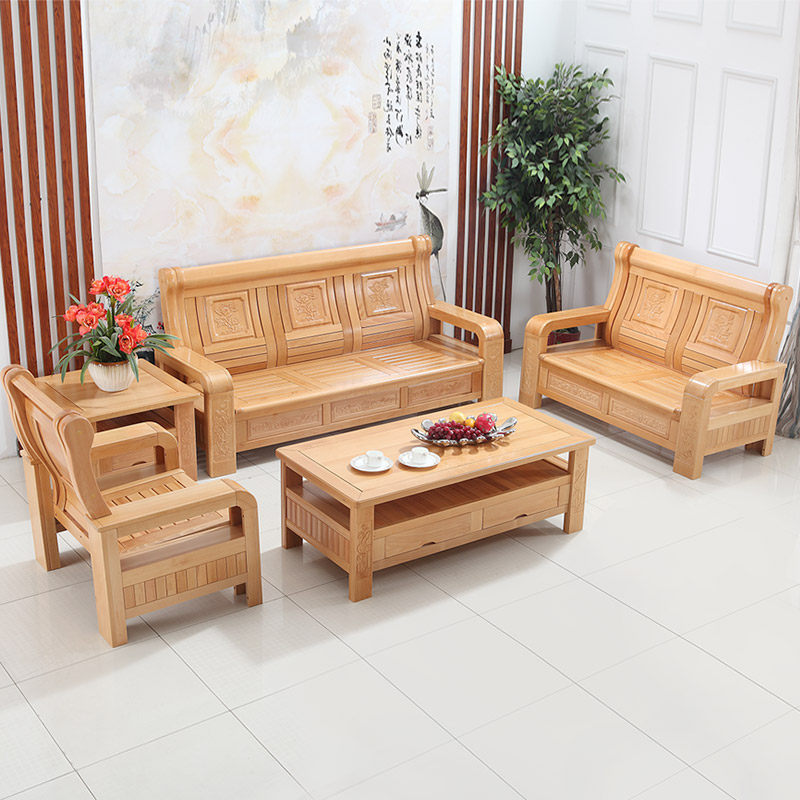 Solid wood sofa combination new Chinese style single three-person beech wood carving winter and summer dual-use wooden small apartment with cushion