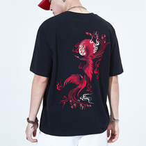 Short-sleeved mens summer new round neck Chinese style phoenix embroidered cotton T-shirt national tide personality student loose top