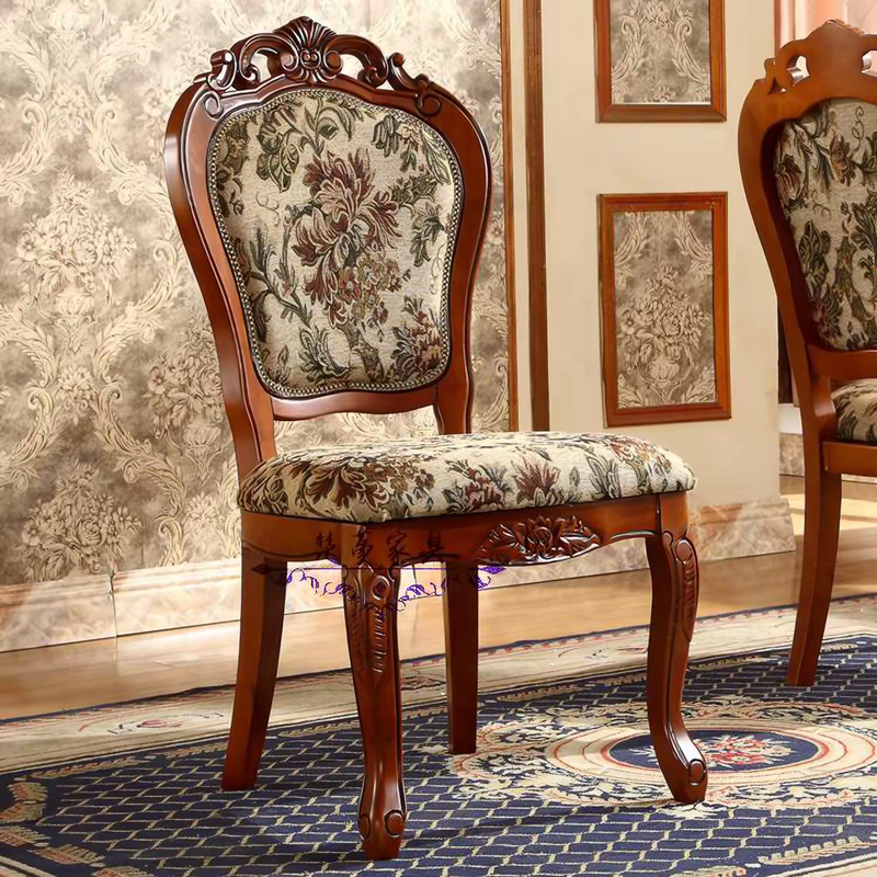 European-Style Solid Wood Carved Dining Chair, Fabric Leisure Armchair, Study Computer Chair, Coffee Table Chair, Hotel American-Style Chair