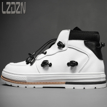 Small White Mens Shoes Subtidal Shoes No Shoestring Casual Men High Waist Genuine Leather Shoes White Boots Middle high helps explicit feet