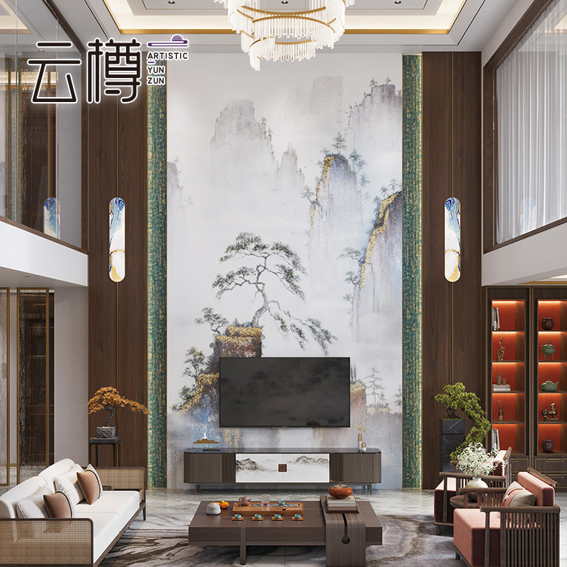 云樽岩板电视背景墙，打造新中式别墅的八方来财之气-瓷砖背景墙-淘宝好物网