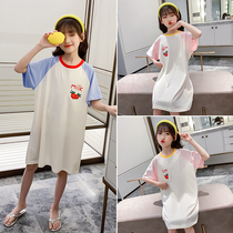 Girl pajamas 11 long foreign style cute short sleeves 2021 summer new home clothes big girl nightgown 13 years old