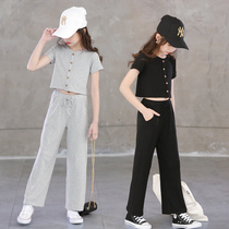 Girls summer clothes set Net red Big Boy foreign style 13-year-old girl new sports two-piece short sleeve cotton wide leg pants