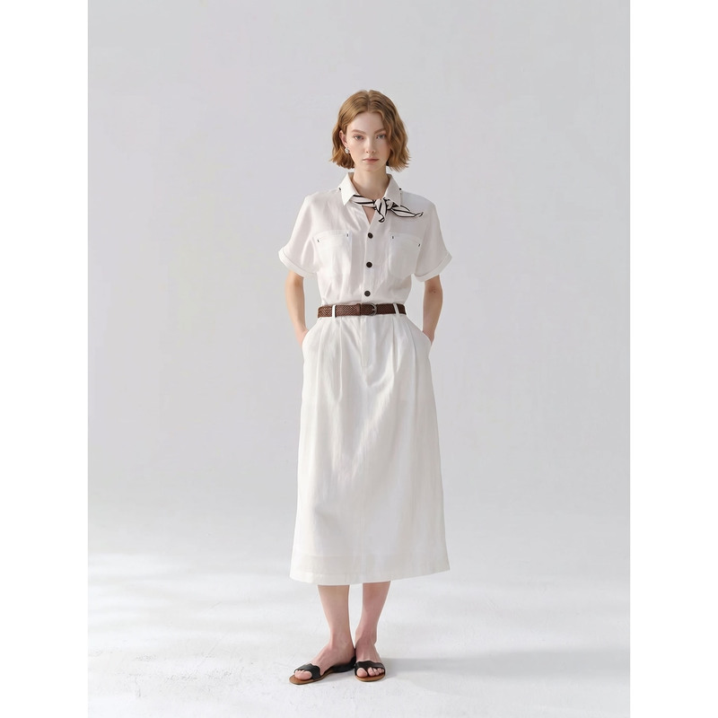 Lyocell Linen V-Neck Workwear Short-Sleeve Shirt Dress for Women, Summer Elegant Waist-Cinching Slimming Long Commuter Dress Lyocell Linen V-Neck Workwear Short-Sleeve Shirt Dress for Women, Summer Elegant Waist-Cinching Slimming Long Commuter Dress