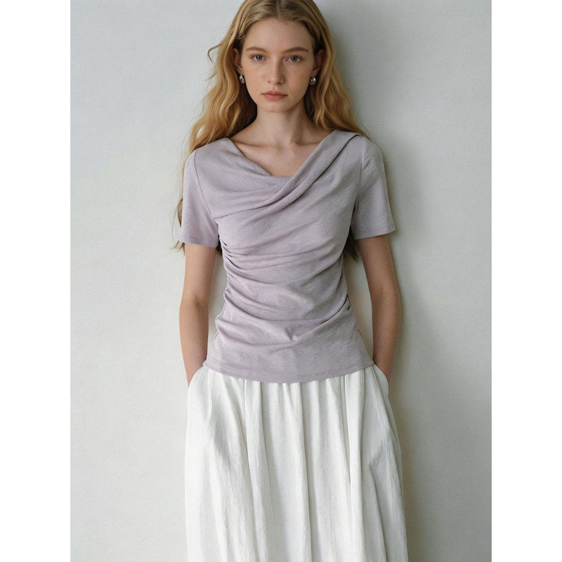 French-Style Gentle Ruffled Collar Knitted T-Shirt for Women, Summer Design with Irregular Shape, Niche Waist-Cinching Slimming Short-Sleeve Top