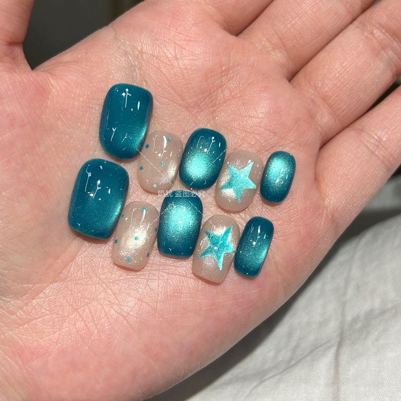 【Sea Salt Star Island】Glass Bead Hand-Painted Five-Pointed Star Handmade Wearable Nails Blue Ocean Cat Eye Nail Art Polka Dots 【Sea Salt Star Island】Glass Bead Hand-Painted Five-Pointed Star Handmade Wearable Nails Blue Ocean Cat Eye Nail Art Polka Dots
