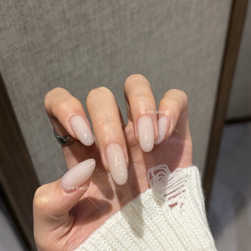 【Moonlight Ballet Construction Edition】Coconut Milk White Glitter Nude Color Handmade Wearable Nails, Gentle and Reusable