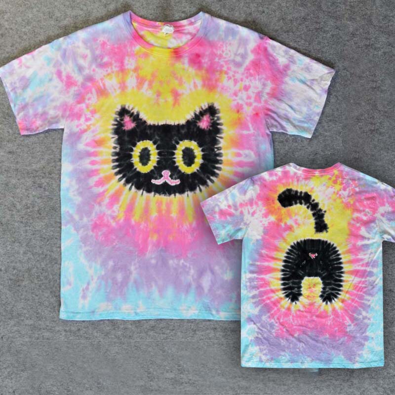 Kitten Tie-Dye T-Shirt Hip-Hop Casual Street Spring/Summer Short-Sleeve Pure Cotton Skateboard Unisex Striped Gradient