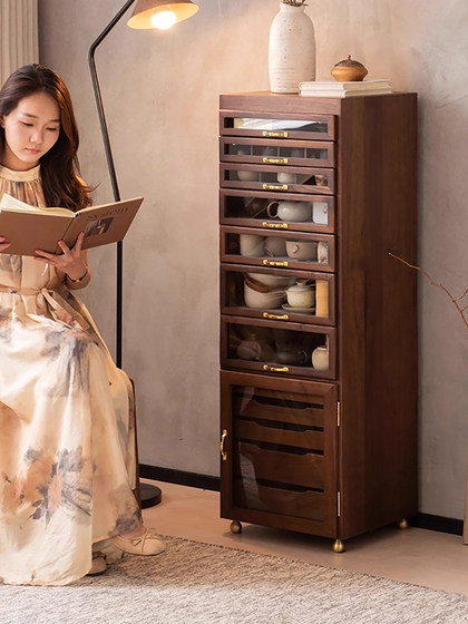 American-Style Vintage Solid Wood Floor-Standing Jewelry Cabinet, Dental Cabinet, Tea Cabinet, North American Black Walnut Tea Set Storage Cabinet, and Collectibles Cabinet
