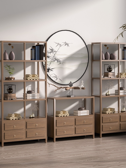 Solid Wood New Chinese-Style Multi-Purpose Shelf, Tea Storage Rack, Partition Ornament, Office Tea Room Storage Display Cabinet